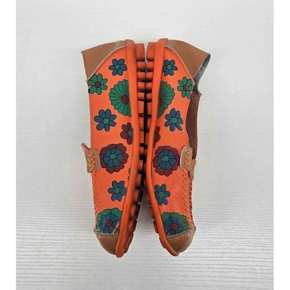 Womens Leather Orange Floral Flats Slip-on Comfort Loafer Moccasin Like Shoe - Picture 3 of 6